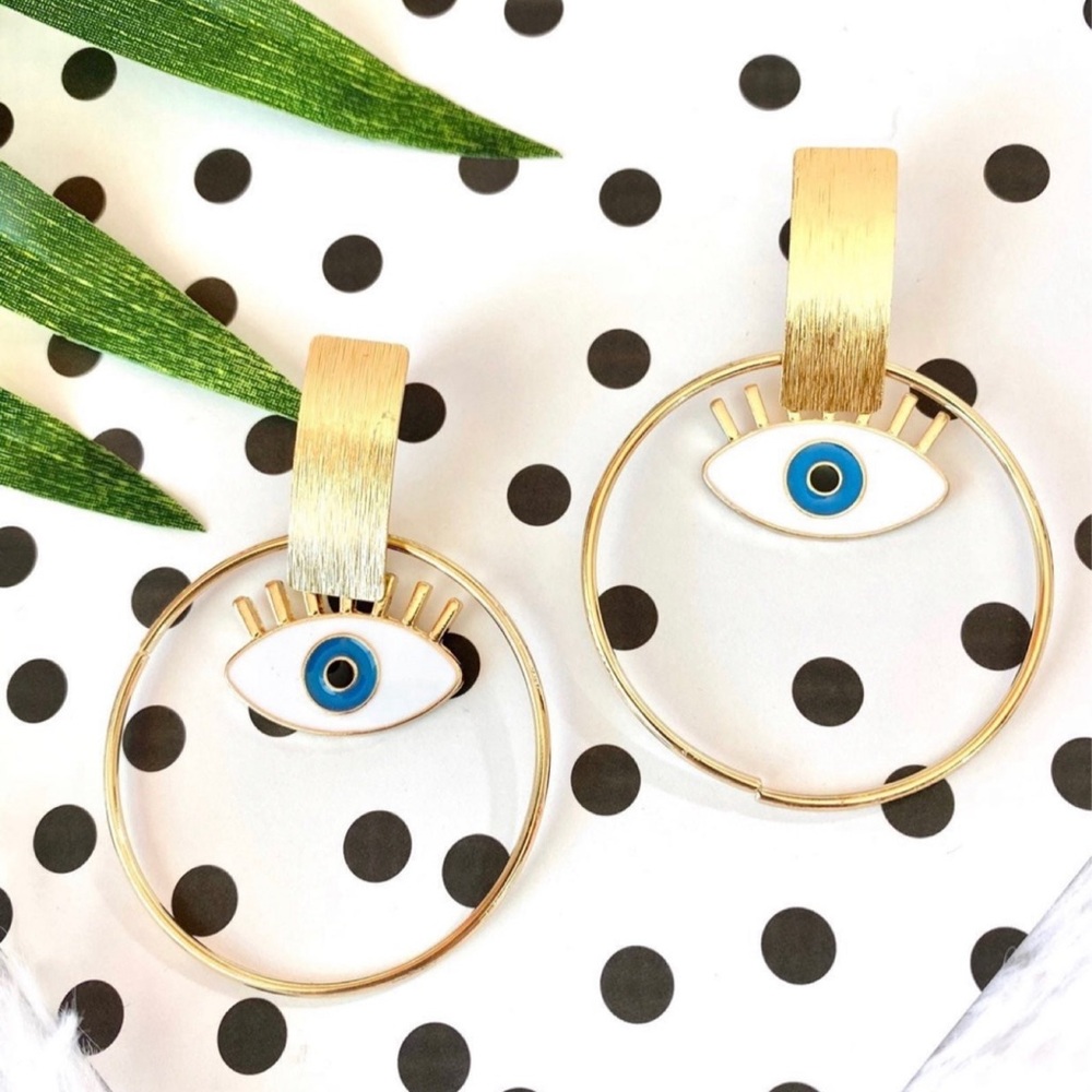 Gold Hoop Earrings with Blue Evil Eye Charm